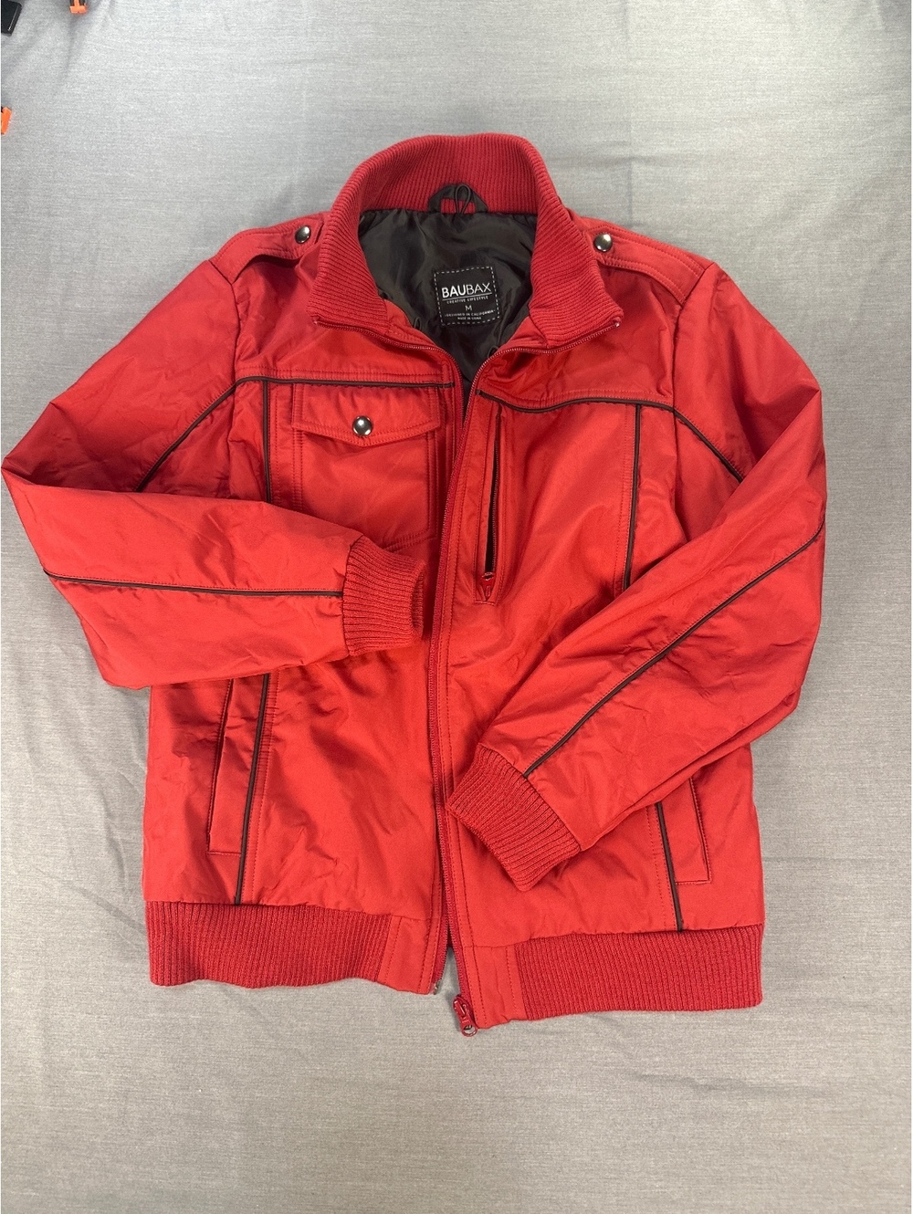 BauBax Travel Jacket Bomber Red Hooded Tech Utility Coat M Thumbhole